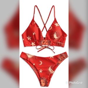 Women’sspaghetti straps sun and moon laceup Bikini